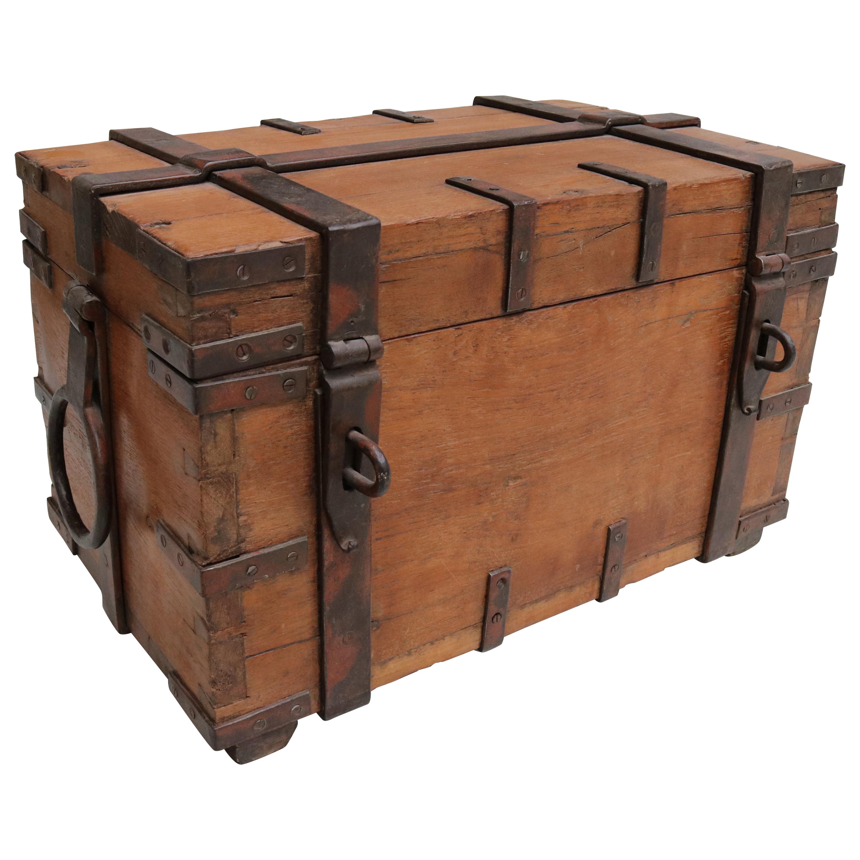 19th Century Anglo-Indian Colonial Fruit Wood Chest with Wrought Iron Fittings