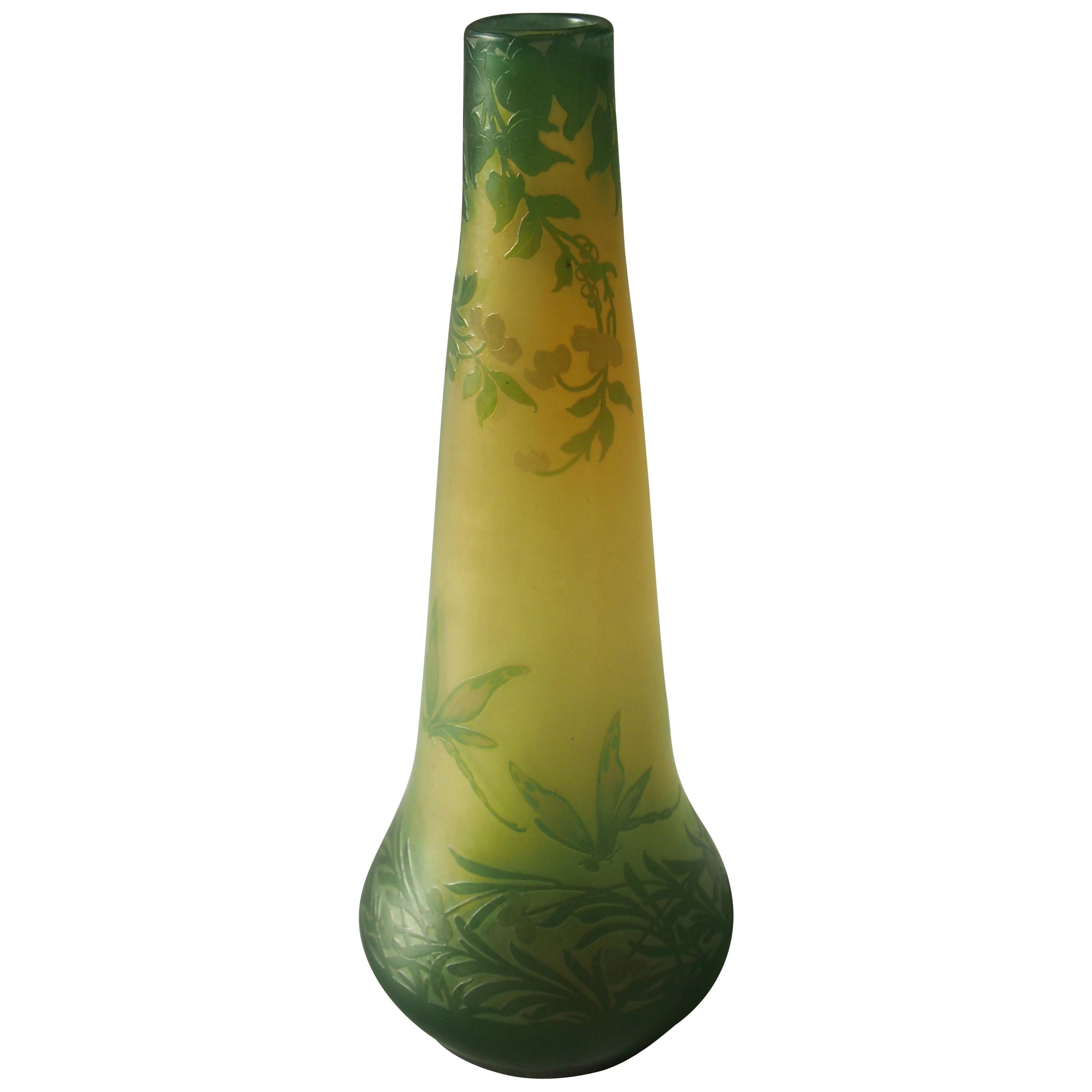 French Art Nouveau DeVez Dragonfly Cameo Glass Vase For Sale