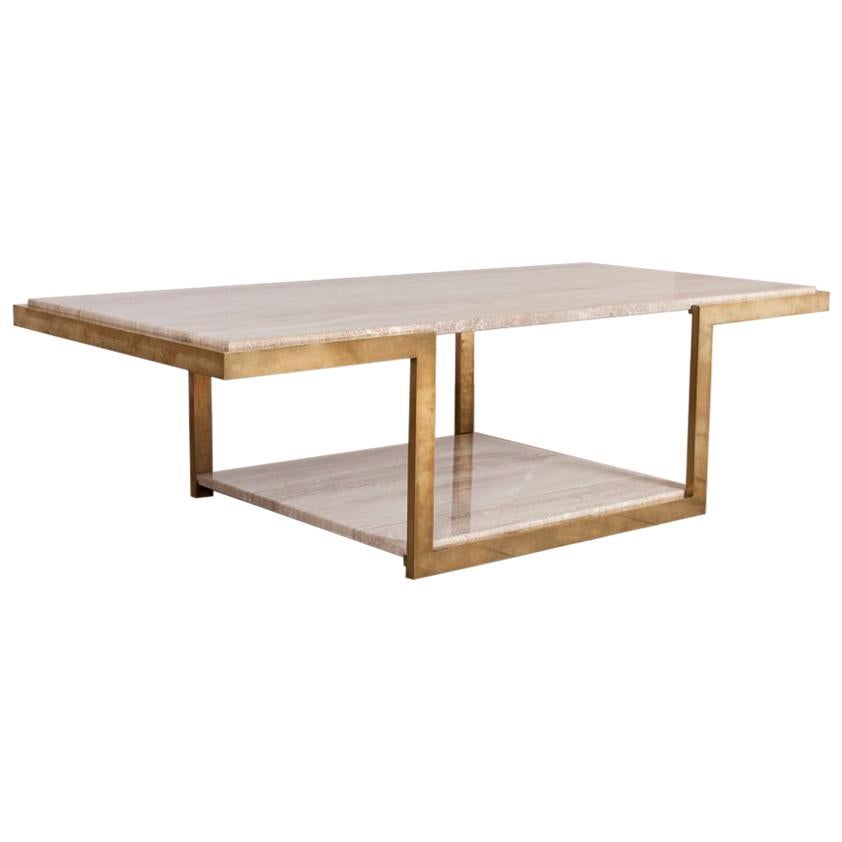 Two-Tier Brass and Travertine Table