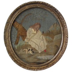 Antique Embroidery Picture of a Girl with Her Dog