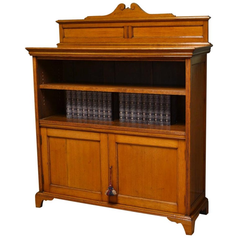 Spectacular Victorian Golden Oak Antique Open Bookcase On Cupboard