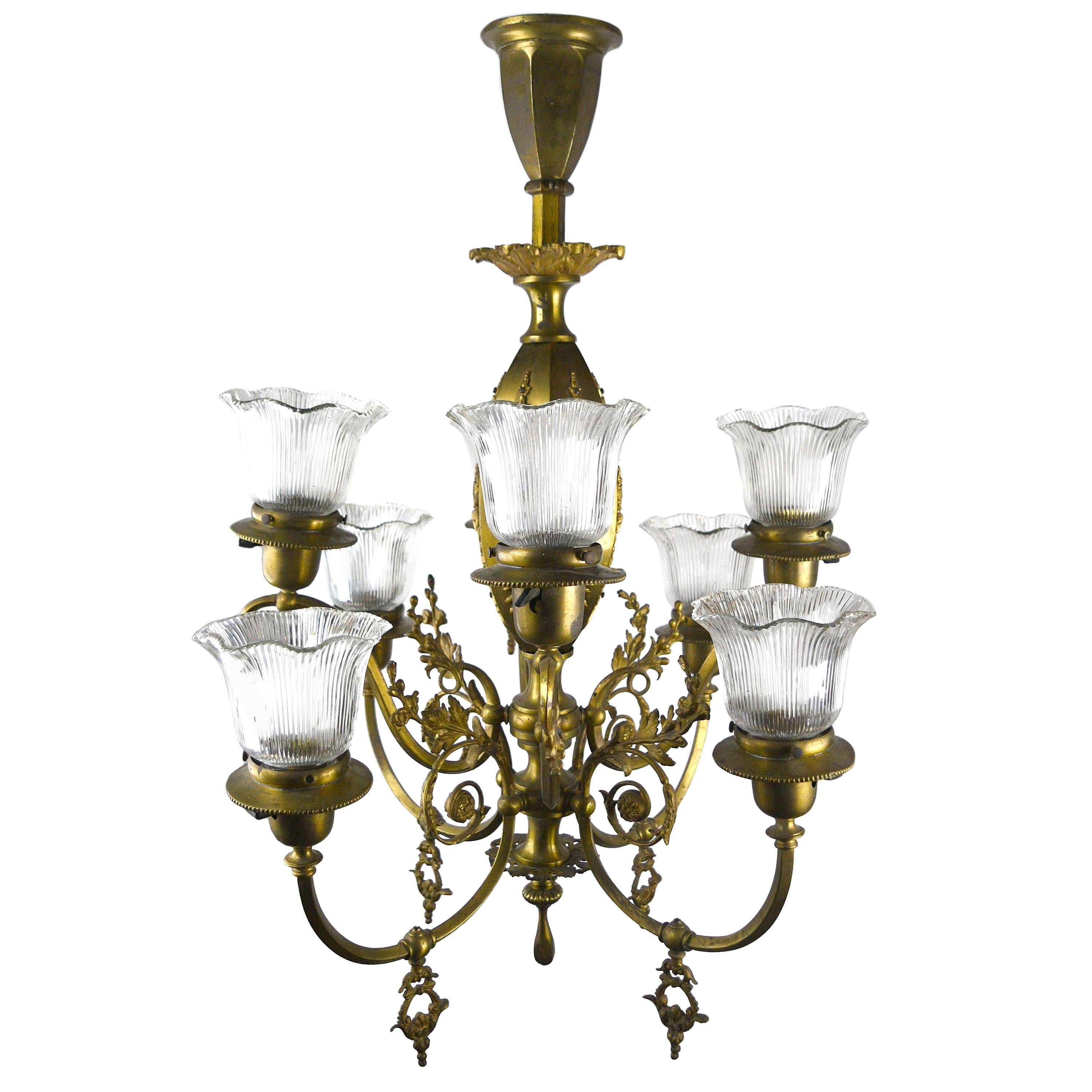 Eight-Arm Brass Gas/Electric Chandelier For Sale