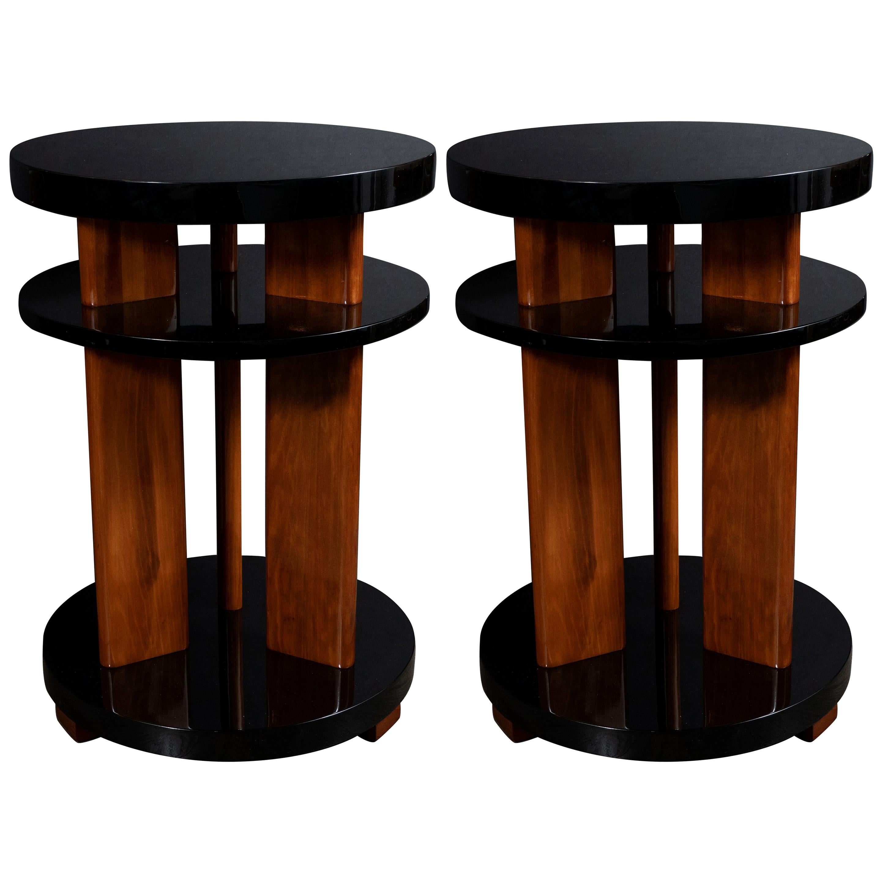 Pair of Art Deco Machine Age Lacquer & Walnut Three Tier Side/ Occasional Tables