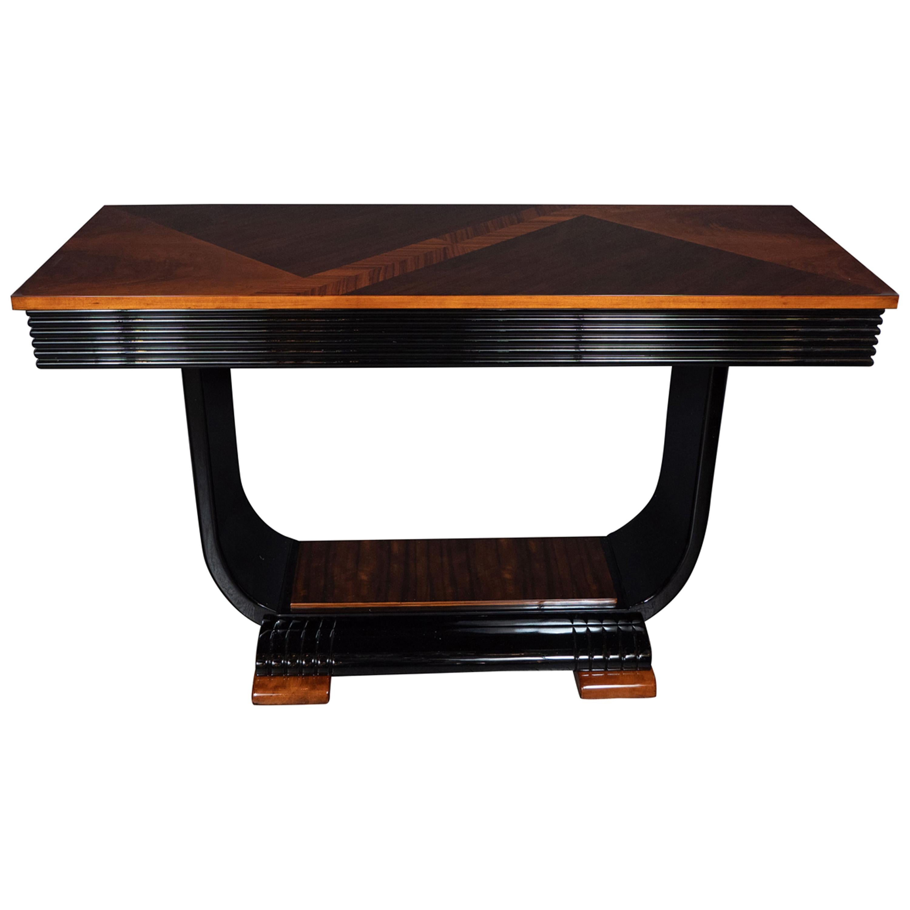 Art Deco Streamlined Black Lacquer, Bookmatched Walnut & Rosewood Console Table