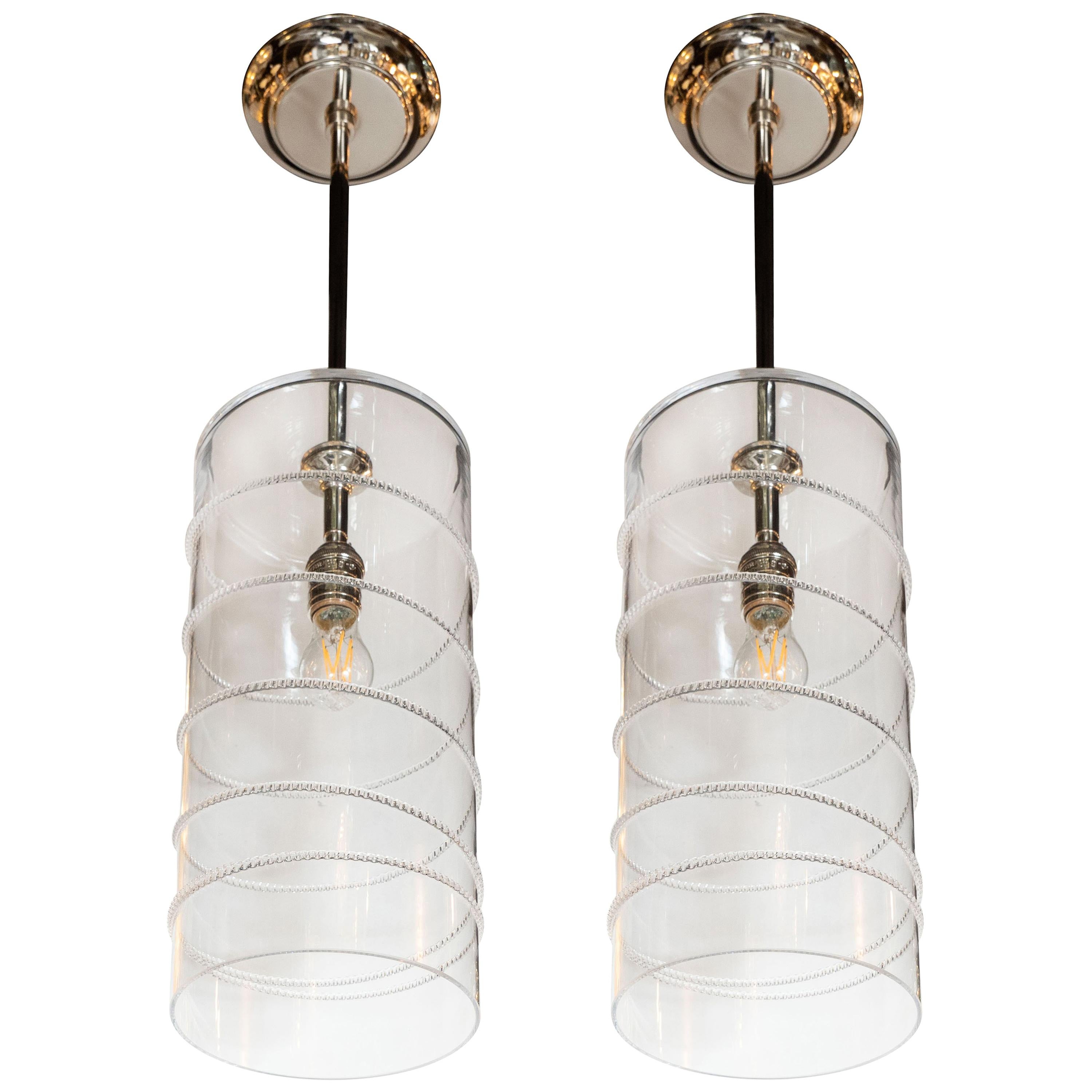 Pair of Modernist Handblown Translucent Glass Pendants with Chrome Fittings
