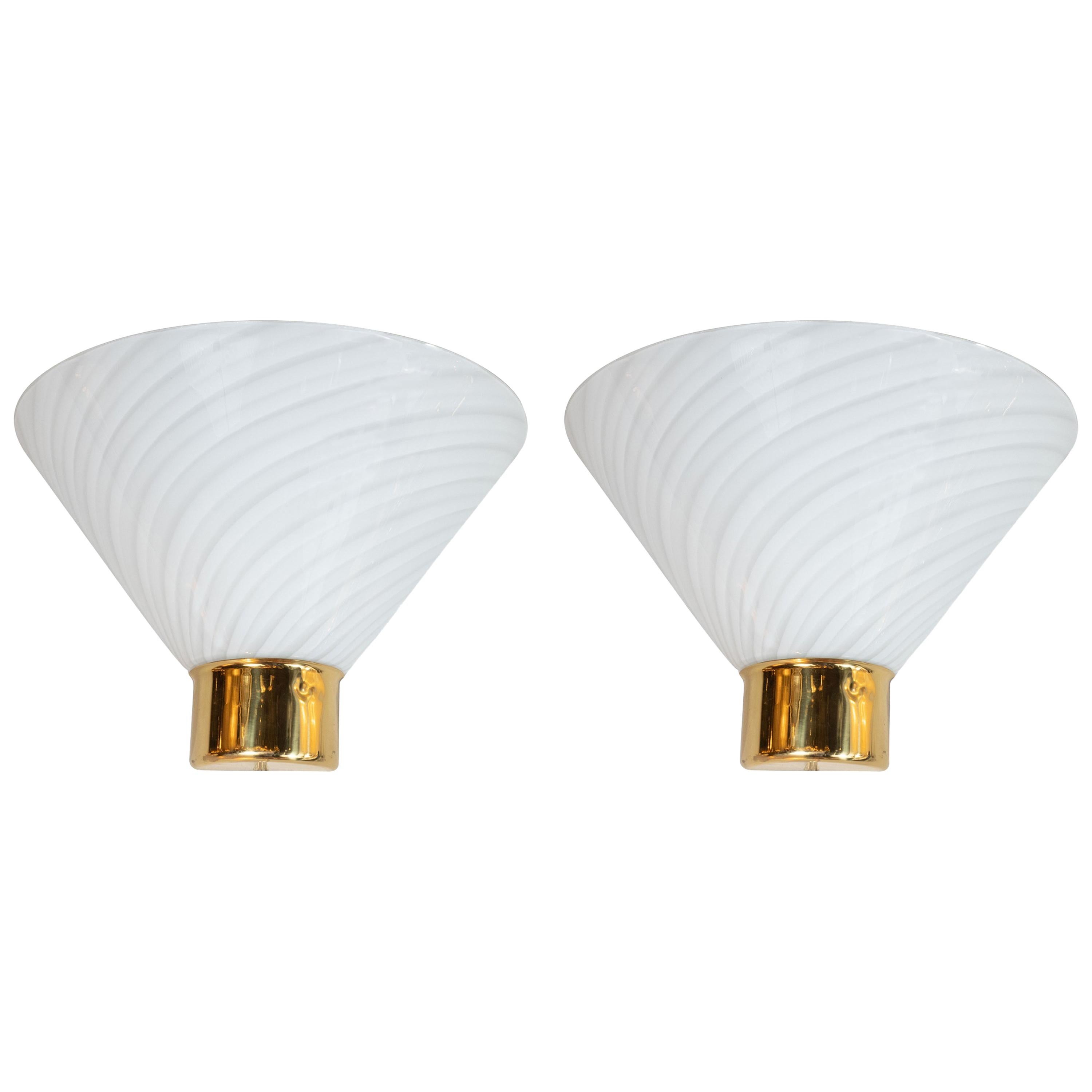 Pair of Midcentury Handblown Striated Murano Glass and Brass Sconces by Fabbian For Sale