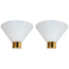 Pair of Midcentury Handblown Striated Murano Glass and Brass Sconces by Fabbian