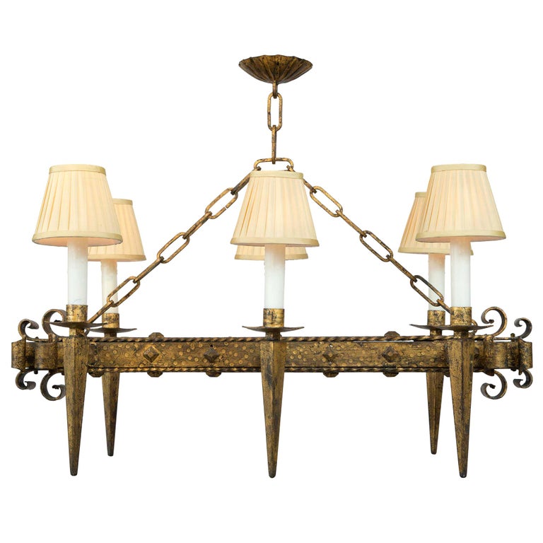 French Renaissance Style 19th Century Gilt Iron Six Arm Chandelier