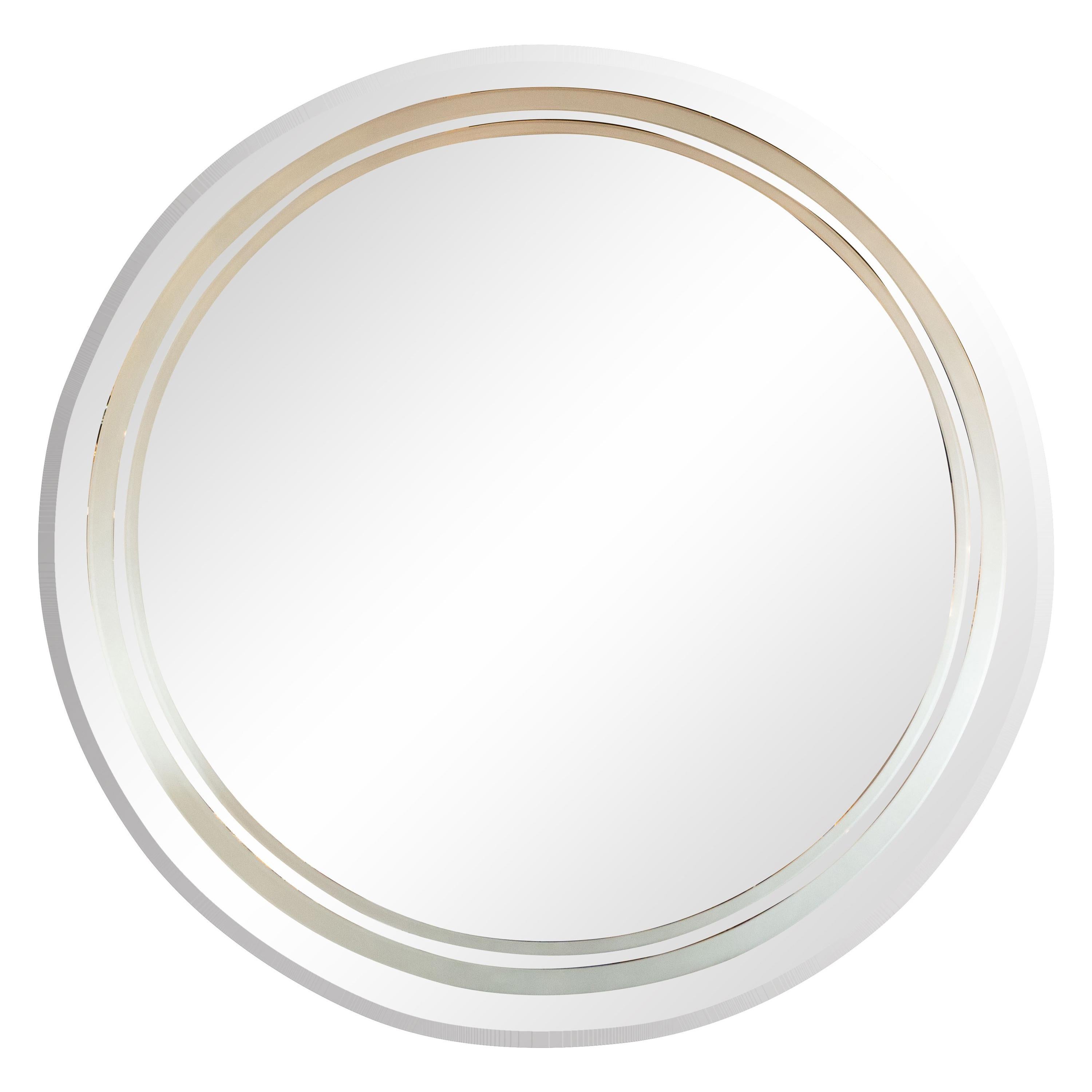 Art Deco Revival Beveled Circular Mirror with Acid Etched Frosted Banding