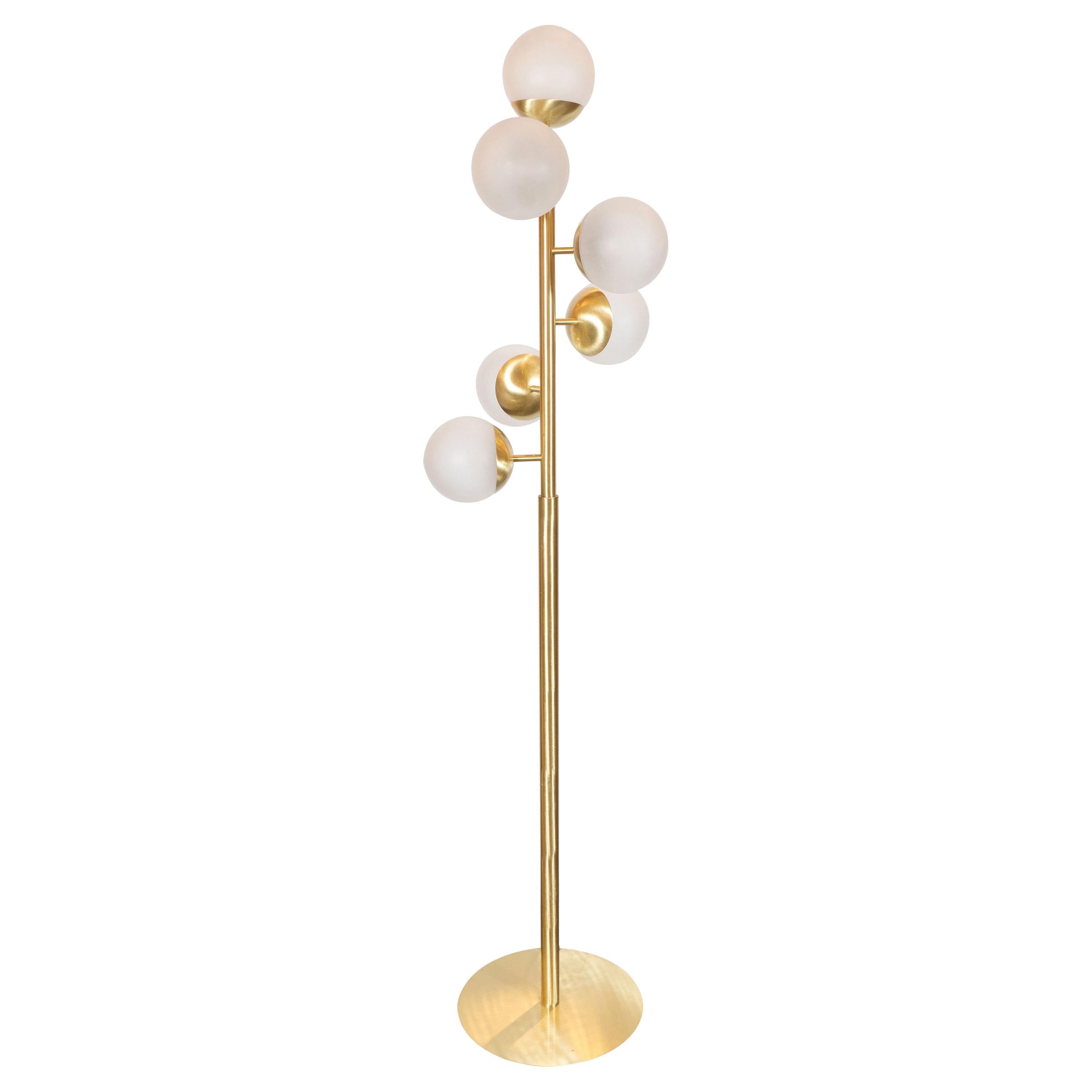 Italian Modernist Brass and Hand Blown Murano Frosted Glass Six-Globe Floor Lamp