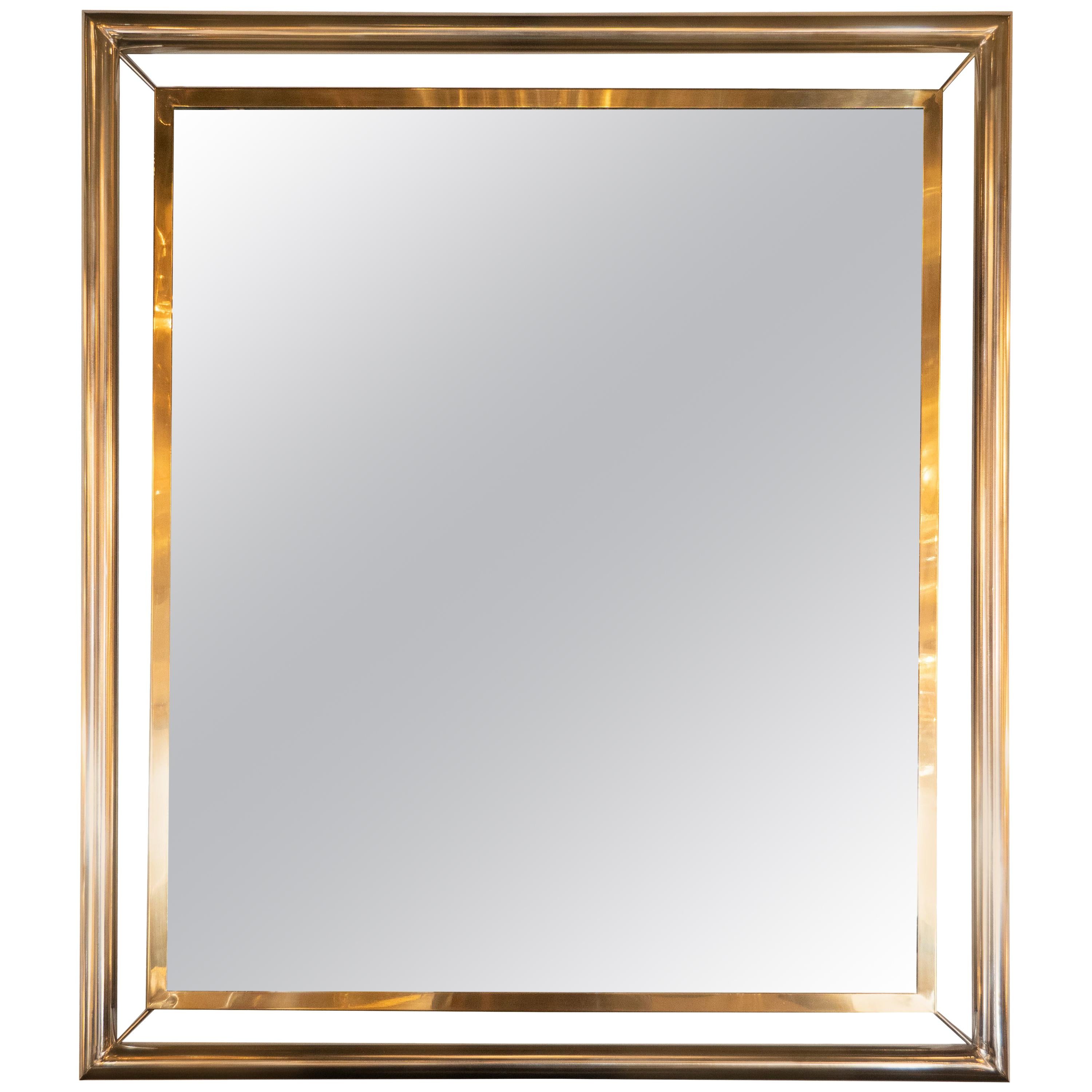 Midcentury Rectangular Polished Brass and Tubular Chrome Wall Floating Mirror