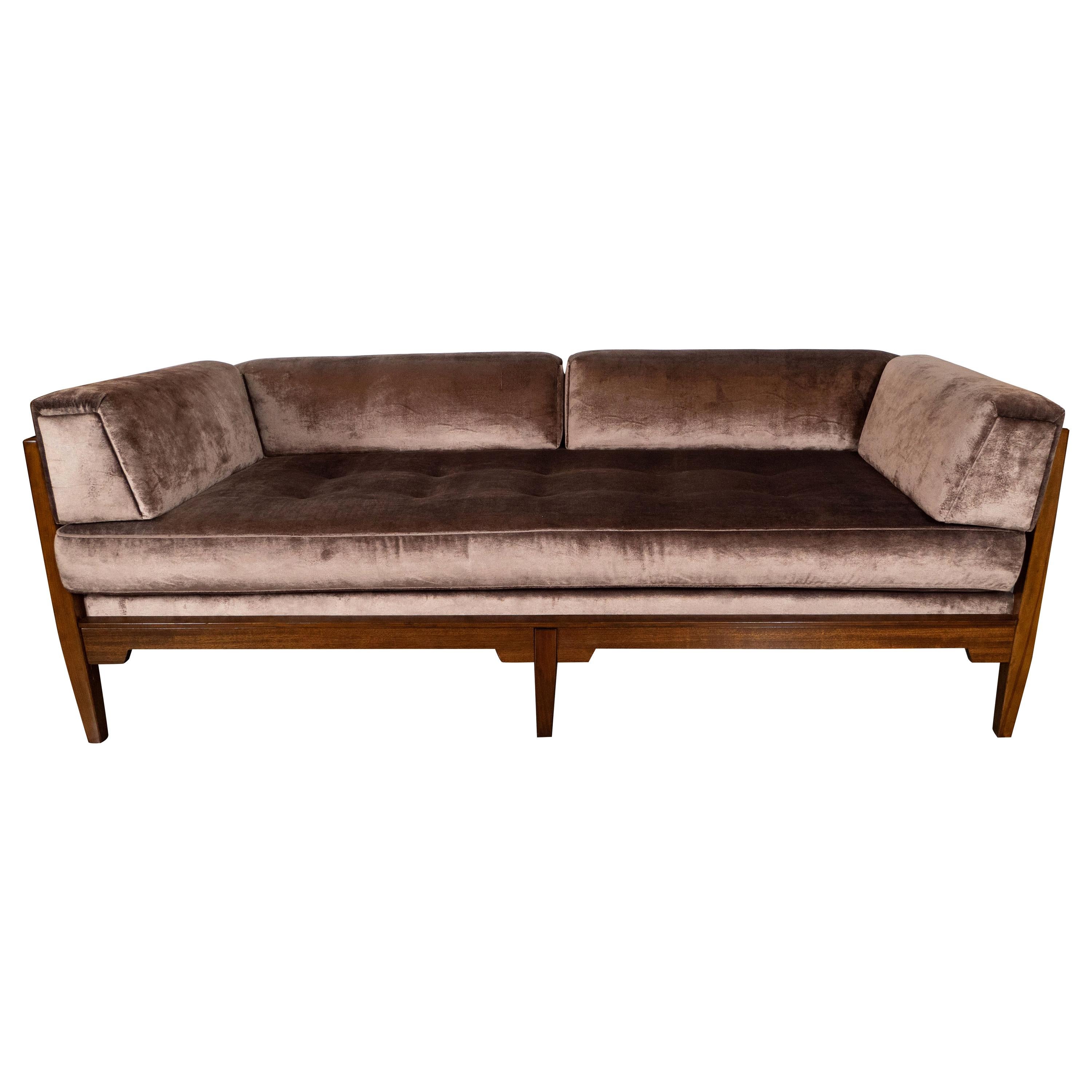 Mid-Century Modern Hand Rubbed Walnut Day Bed/ Sofa in Smoked Bronze Velvet