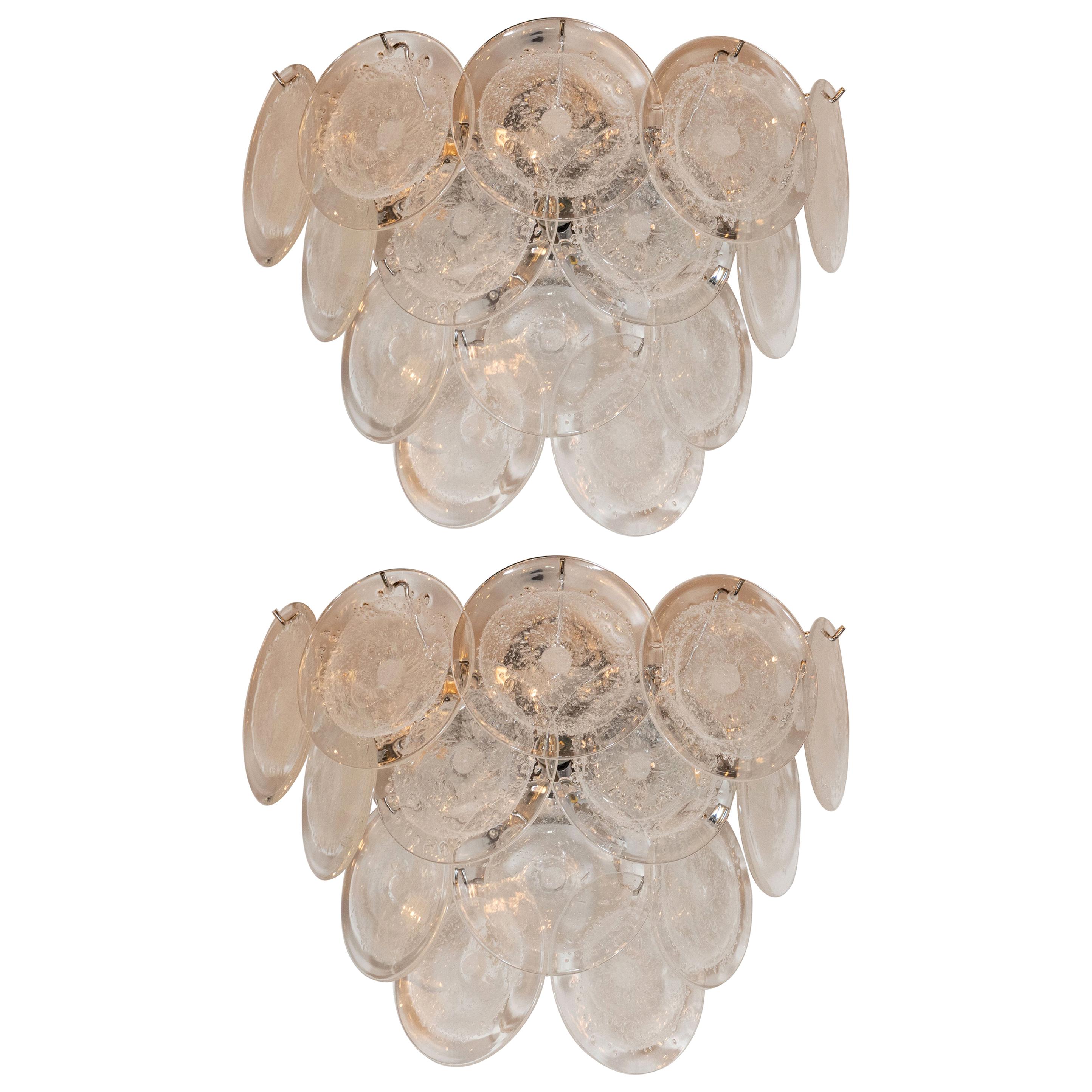 Pair of Modernist 14-Disc Sconces in Handblown Murano Clear Glass