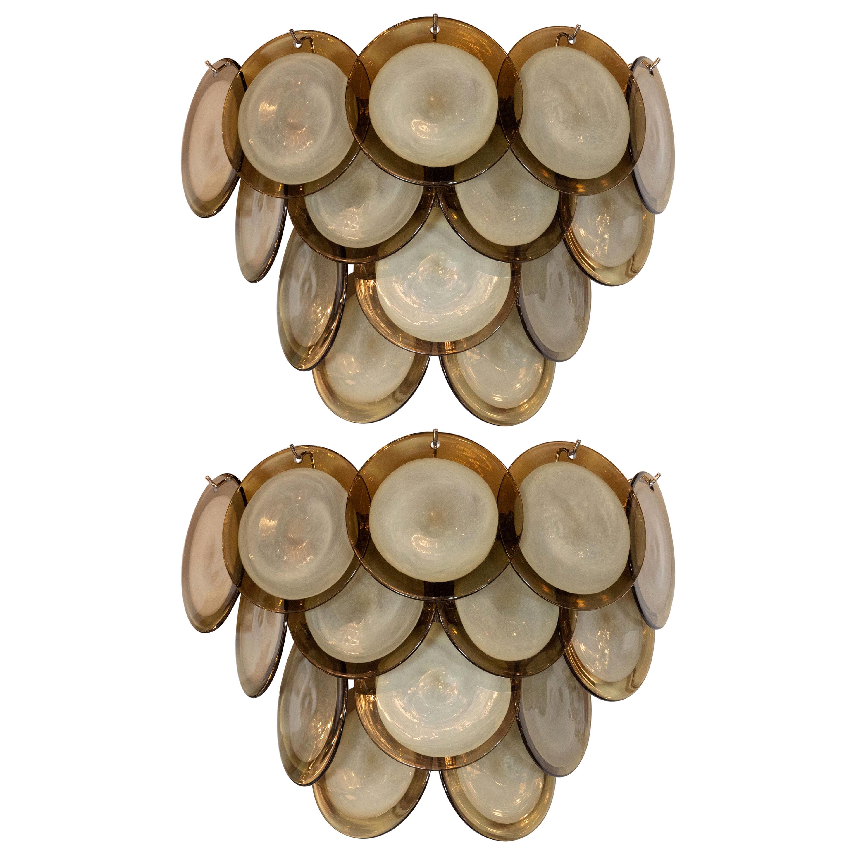 Pair of Modernist 14-Disc Sconces in Handblown Murano Topaz & Translucent Glass For Sale