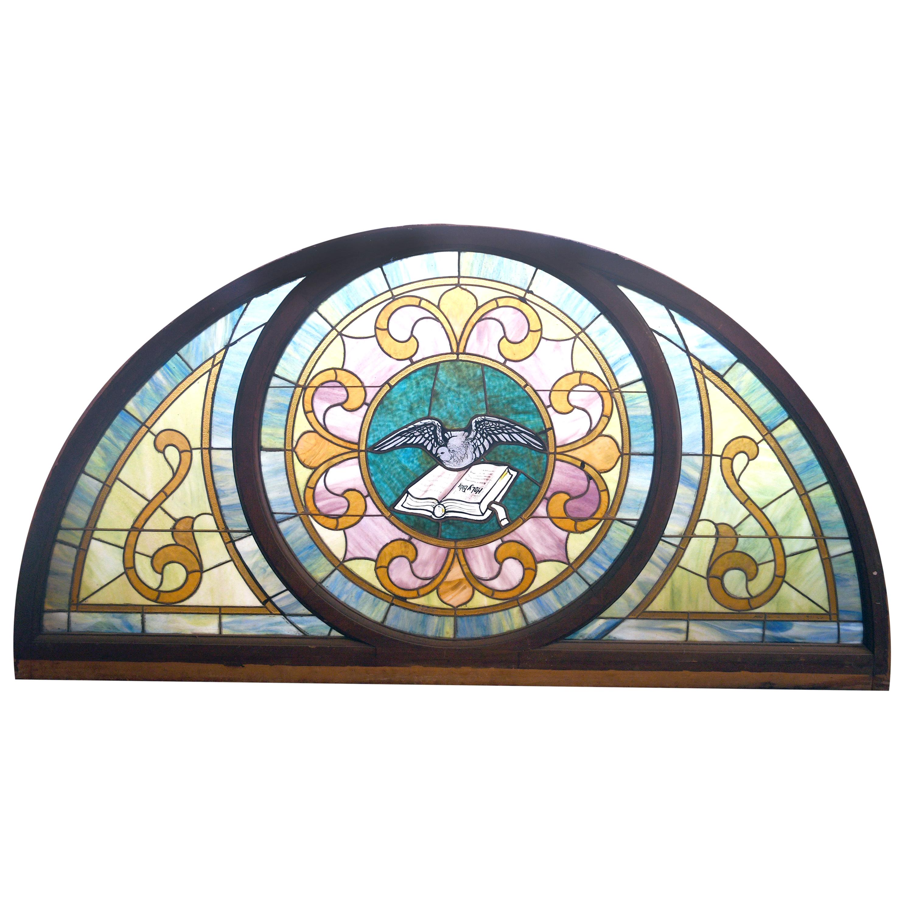 Arched Stained Glass with Painted Dove and Bible