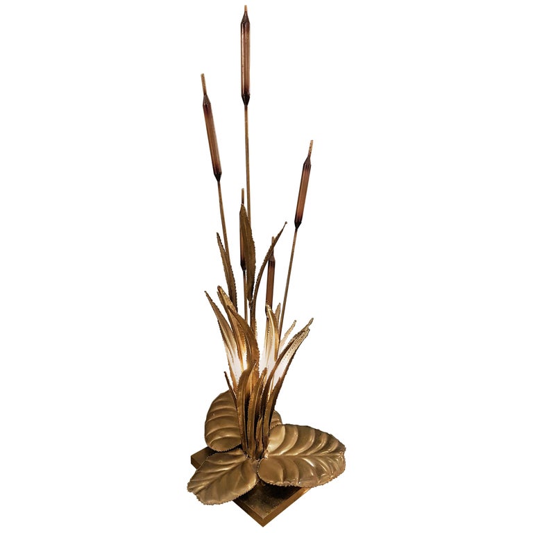 Large Brass Mid Century Modern Rush Leaf Table Lamp by Maison Jansen, France For Sale