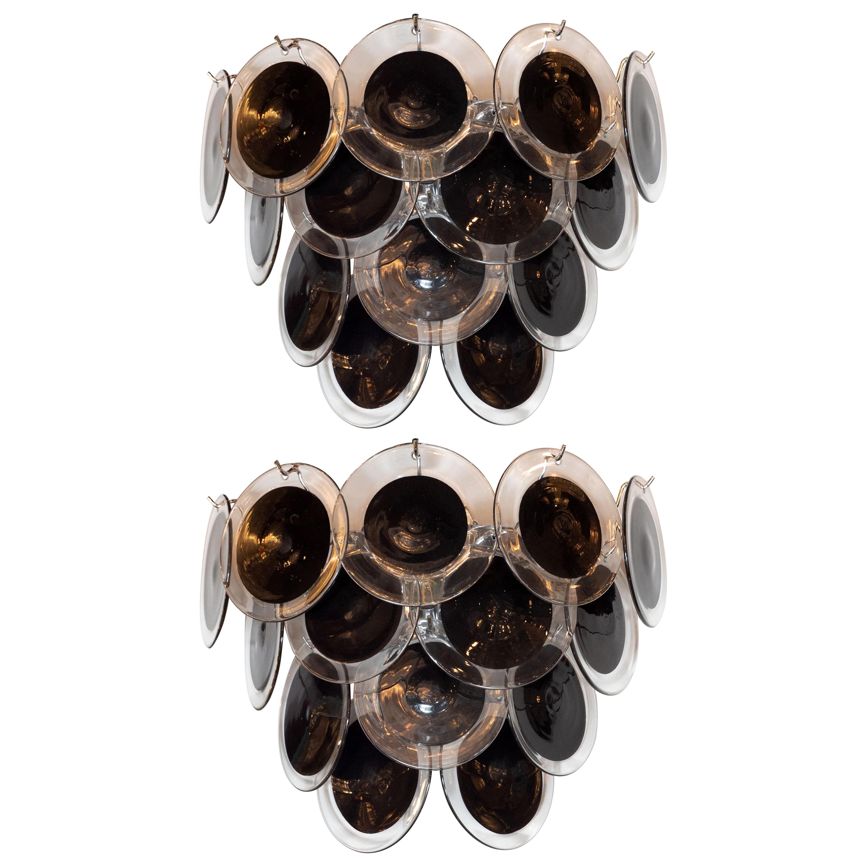 Pair of Modernist 14-Disc Sconces in Handblown Murano Black & Translucent Glass For Sale
