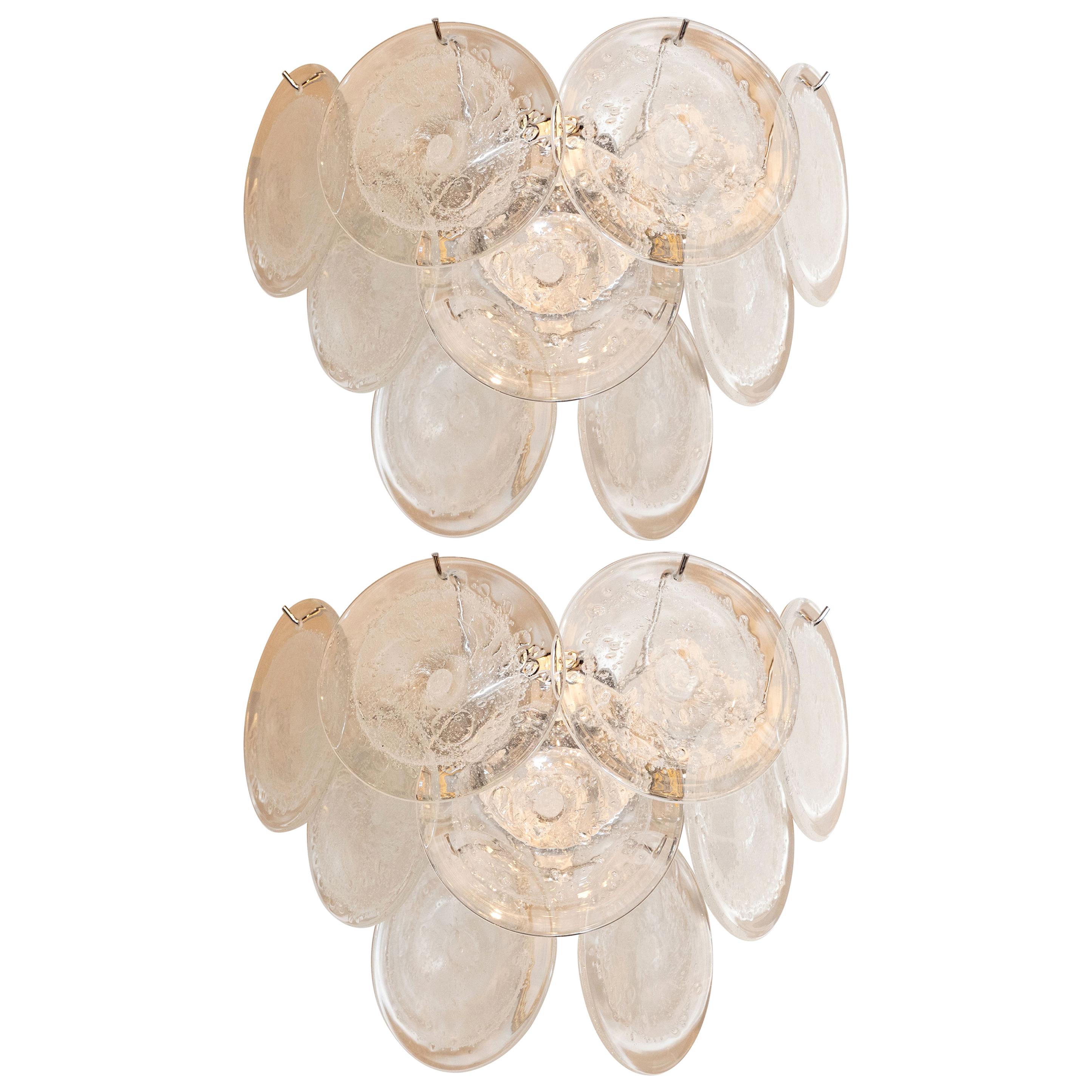Pair of Modernist 9-Disc Hand Blown Murano Clear and Translucent Glass Sconces
