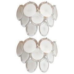 Pair of Modernist 9-Disc Hand Blown Murano White and Translucent Glass Sconces