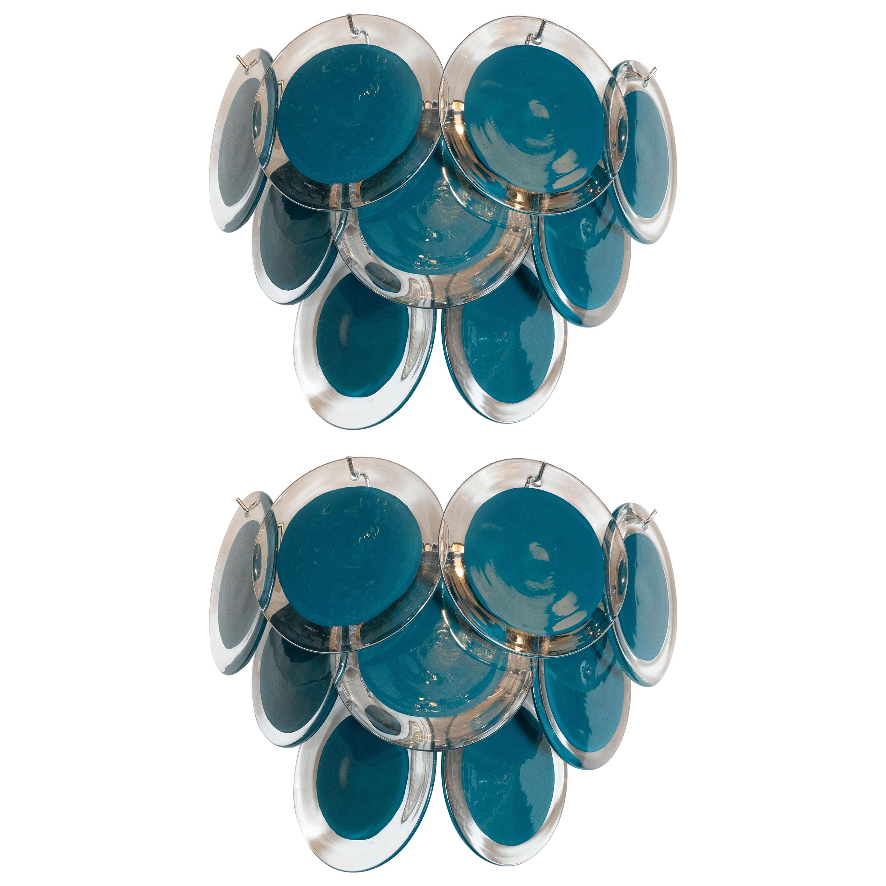 Pair of Modernist 9-Disc Hand Blown Murano Turquoise & Translucent Glass Sconces