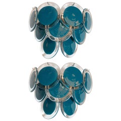 Vintage Pair of Modernist 9-Disc Hand Blown Murano Turquoise & Translucent Glass Sconces