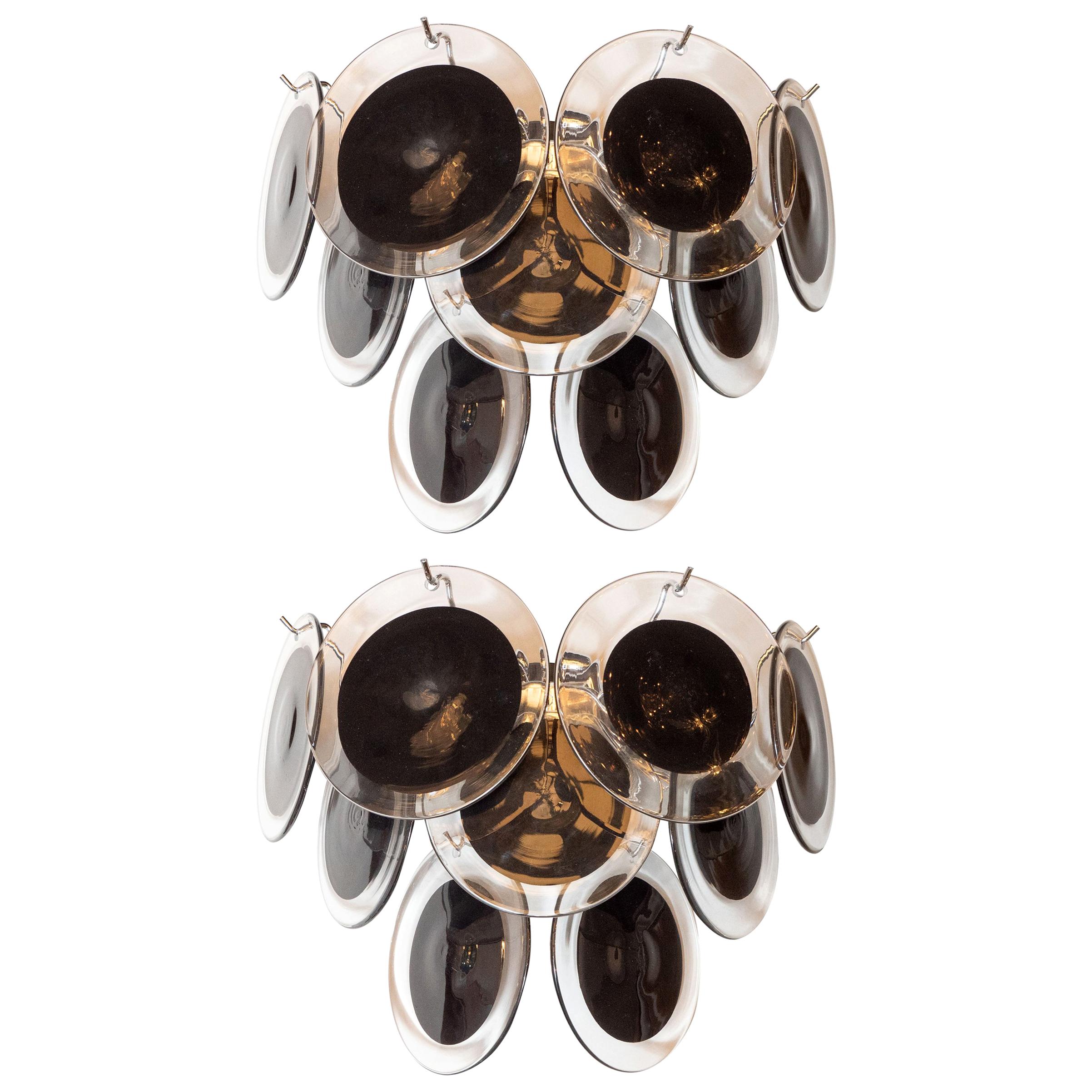 Pair of Modernist 9-Disc Sconces in Hand Blown Murano Black & Translucent Glass For Sale
