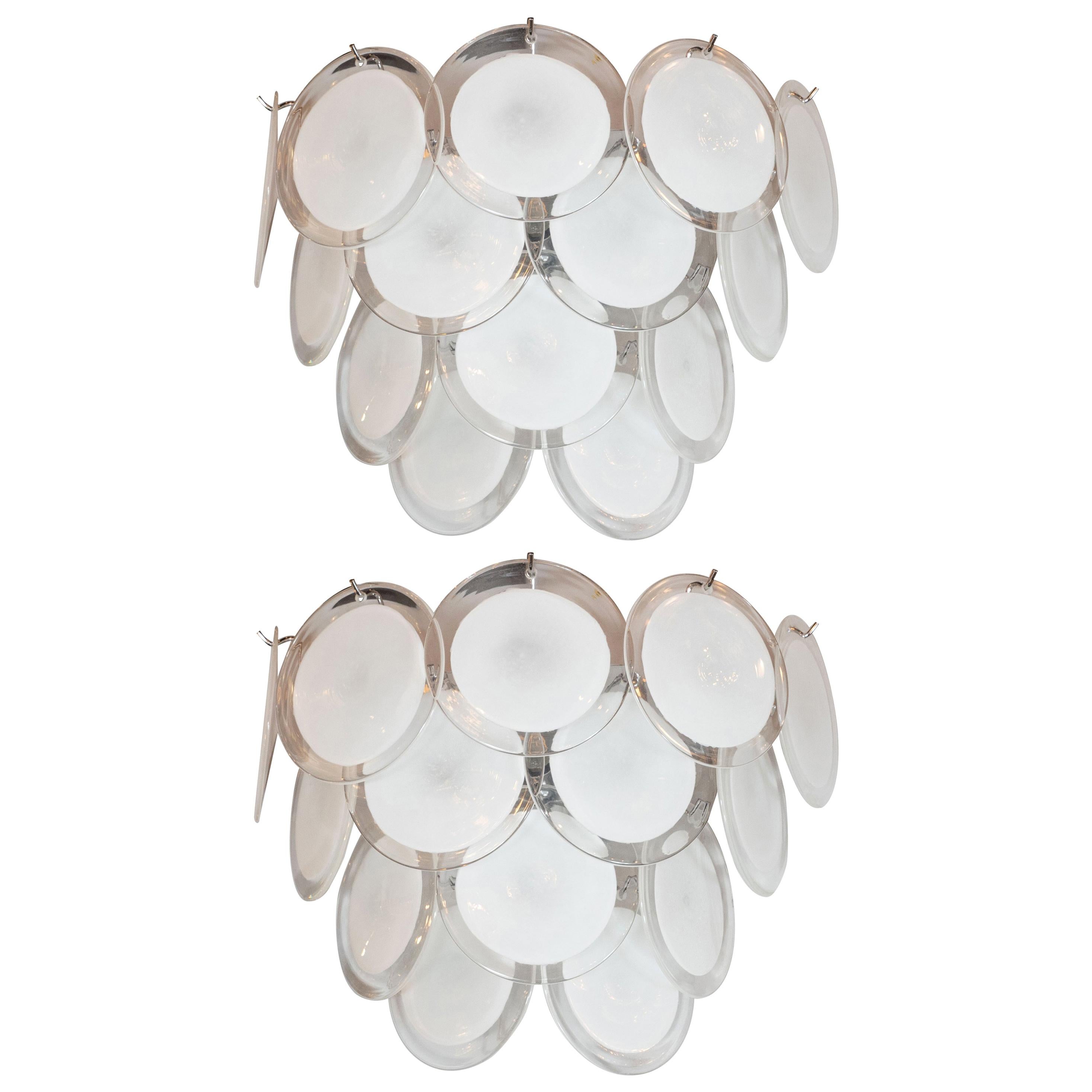 Pair of Modernist 14-Disc Sconces in Hand Blown Murano White & Translucent Glass For Sale