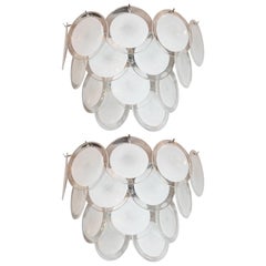 Pair of Modernist 14-Disc Sconces in Hand Blown Murano White & Translucent Glass