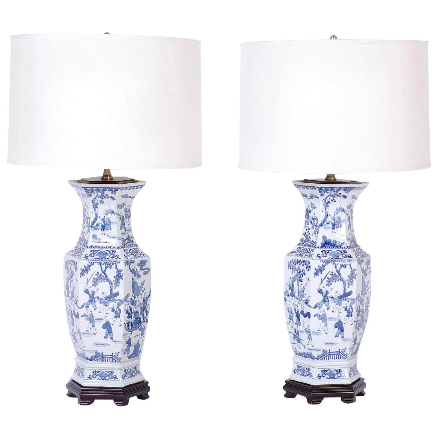 Pair of Chinese Blue and White Porcelain Table Lamps
