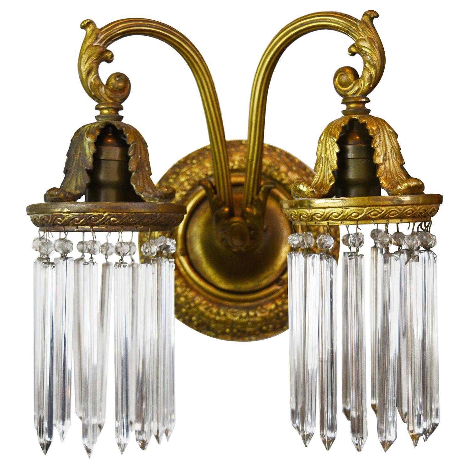 Two-Arm Brass Sconce with Crystal Prisms
