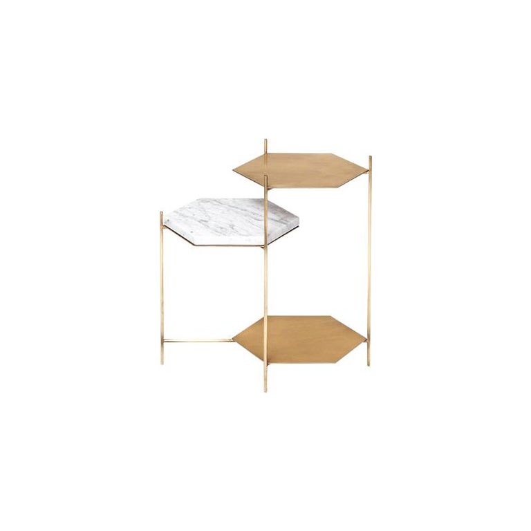 Bee Minimalist Wide Geometric Side Table in Brass and Marble by Ries For Sale