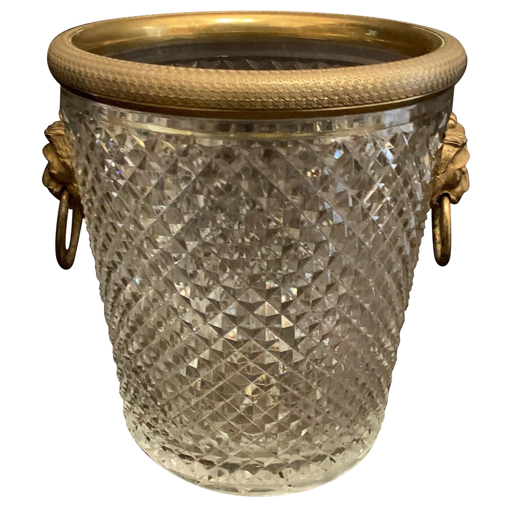 Elegant French Baccarat Lion Handle Dore Bronze Cut Crystal Ormolu Ice Bucket For Sale