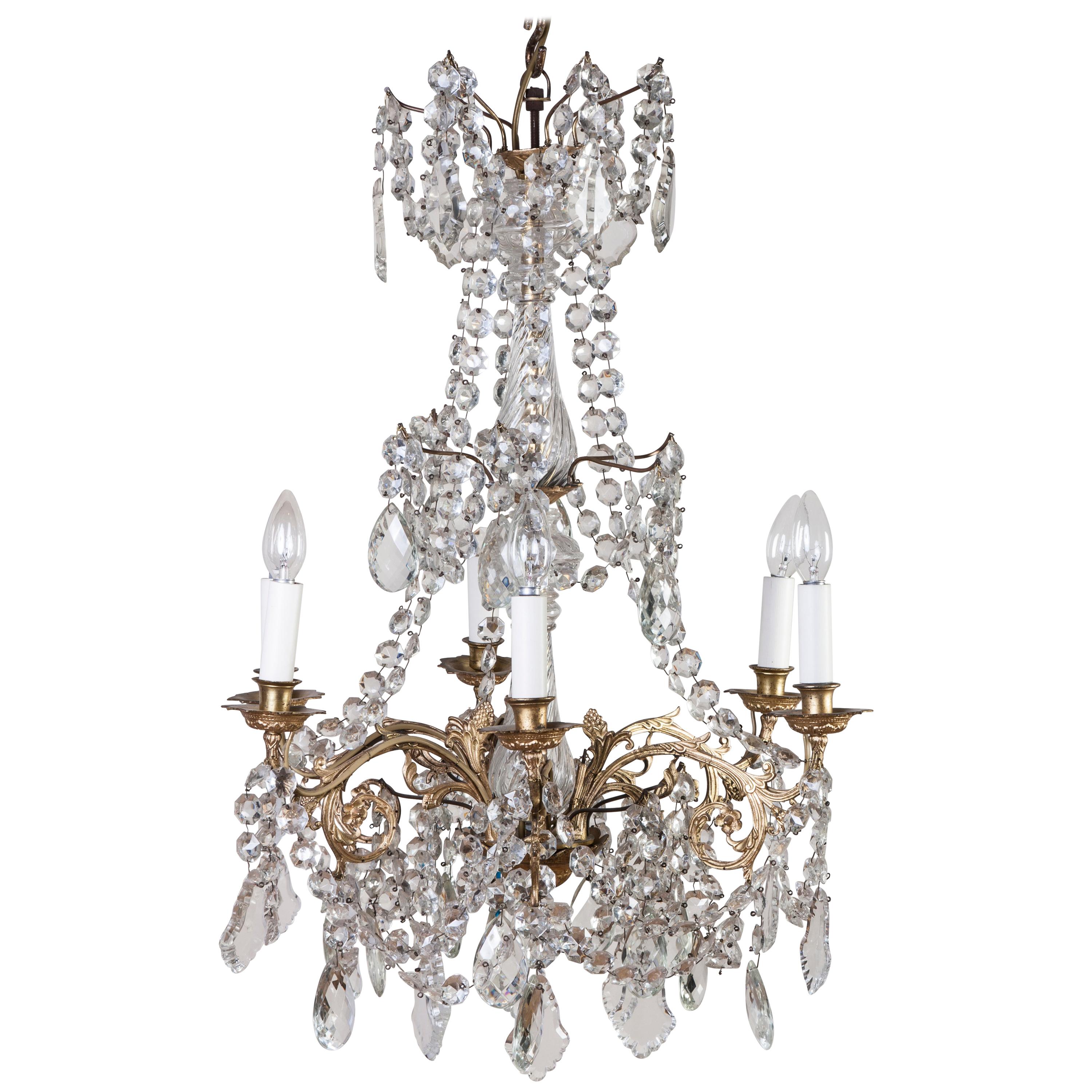 6-Light Crystal and Ormolu Chandelier For Sale