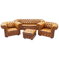 Chesterfield Sofa Set Armchair Wing Chair Couch Antique Stool