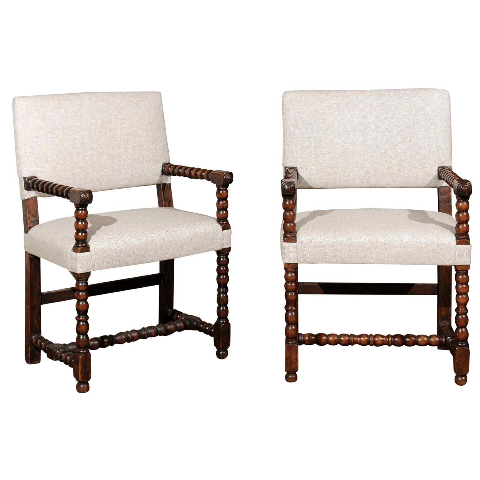 Pair of Italian Baroque Style Oak Armchairs with Bobbin Legs and New Upholstery