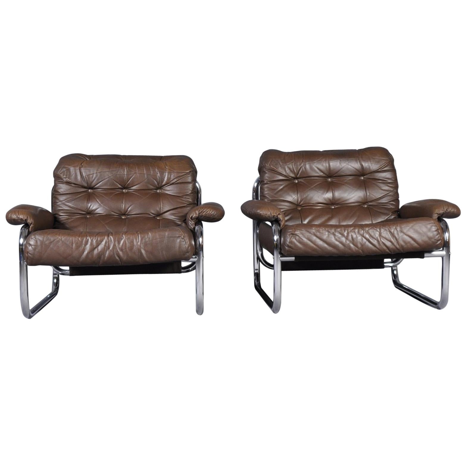 Pair of Johan Bertil Häggström for Ikea Leather Lounge Chairs, Sweden, 1970s