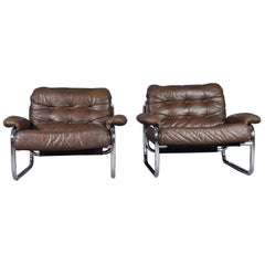 Pair of Johan Bertil Häggström for Ikea Leather Lounge Chairs, Sweden, 1970s