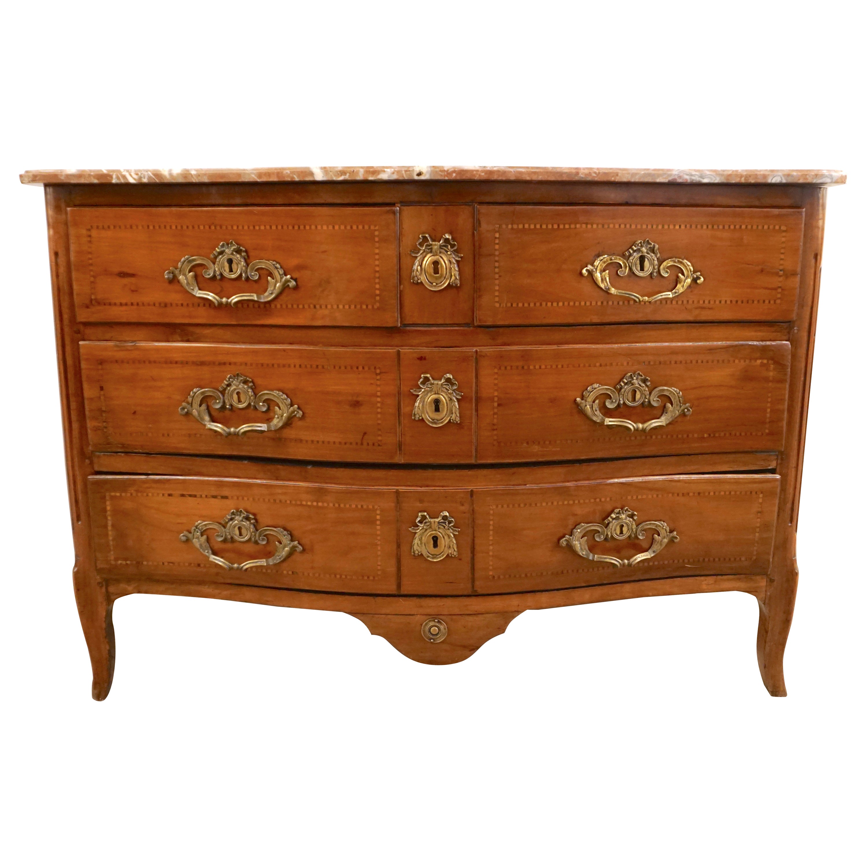 18th-Century French Bow Front Marquetry Walnut & Marble Top Provincial Commode For Sale