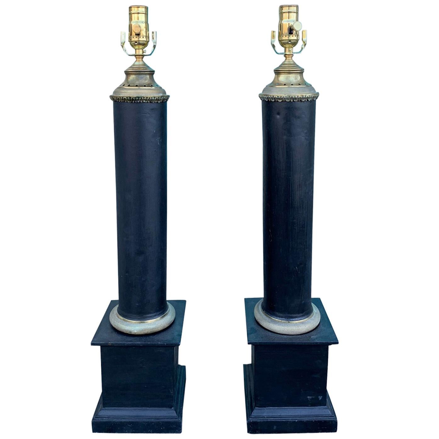 Pair of Early 20th Century Black Tole Column Lamps For Sale