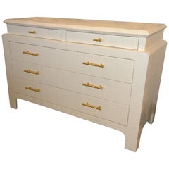 Used Mid-Century Modern Lacquered Grasscloth Dresser with Brass Bamboo Style Pulls