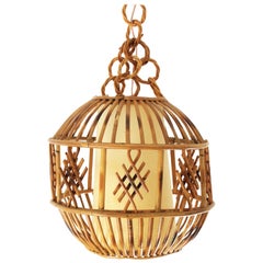 Mid-Century Modern Bamboo Rattan Chinoiserie Pendant Hanging Light, France 1950s