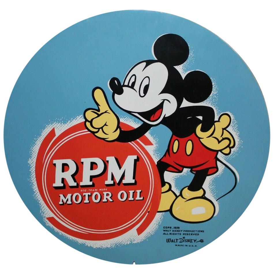 1939 RPM Motor Oil Tin Sign with Disney's Mickey Mouse For Sale