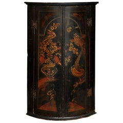Antique English George II Bow Fronted Lacquer Corner Cupboard, circa 1740
