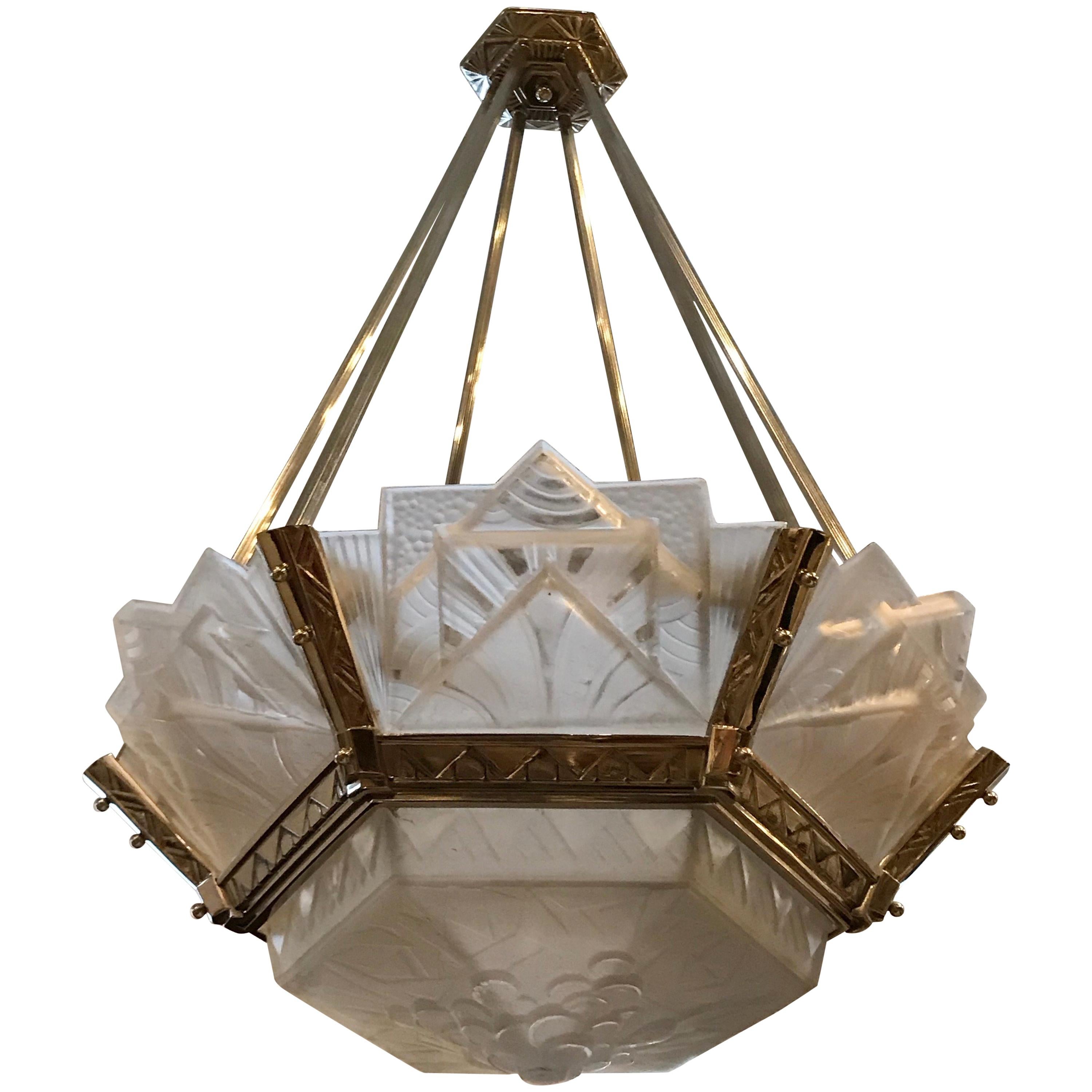 Grand French Art Deco Geometric Chandelier Signed by Muller Freres Luneville For Sale