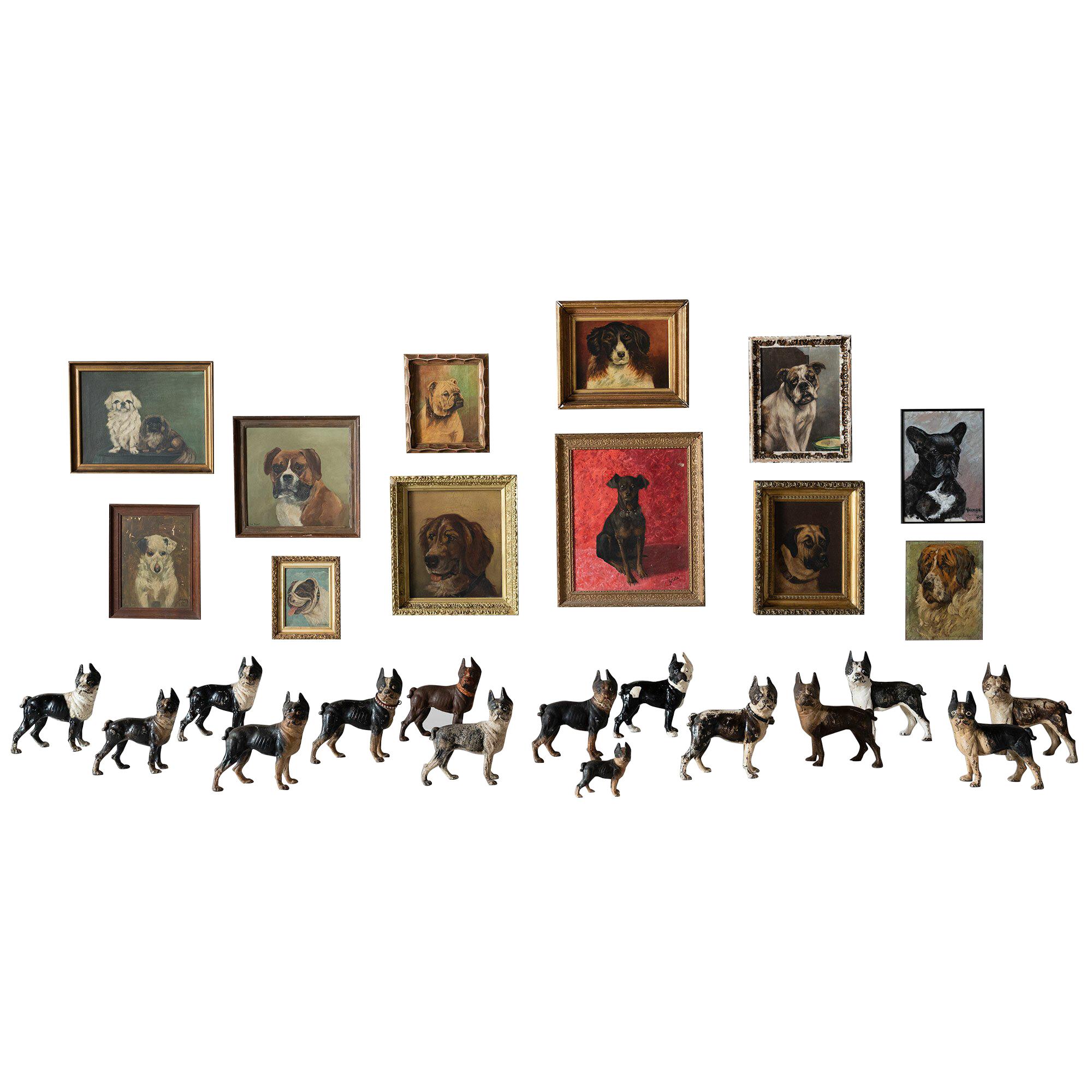 Collection of Dog Oil Paintings and Cast Iron Door Stops, circa 1880-1960