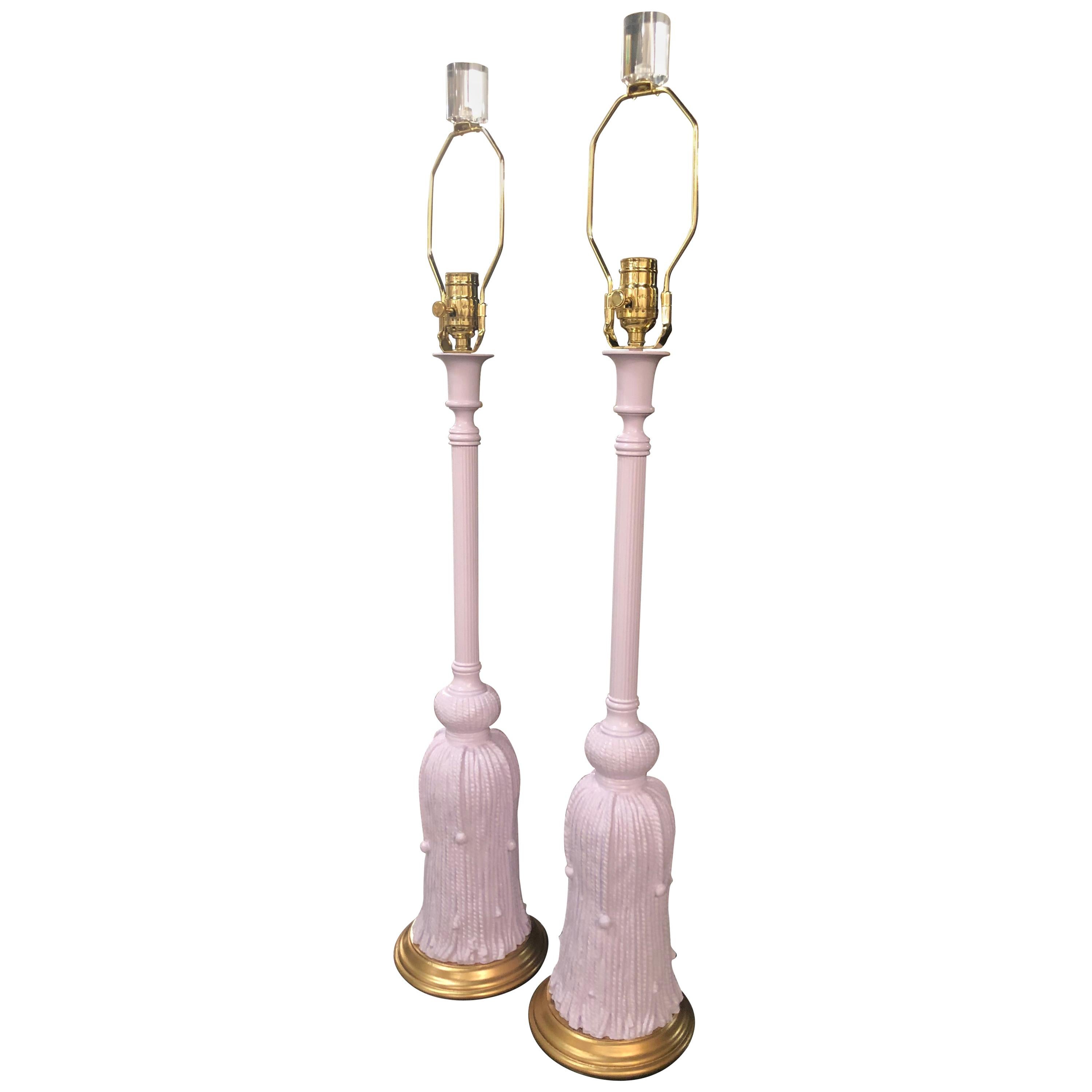 Vintage Pair of Lavender Tassel Table Lamps Lucite and Brass