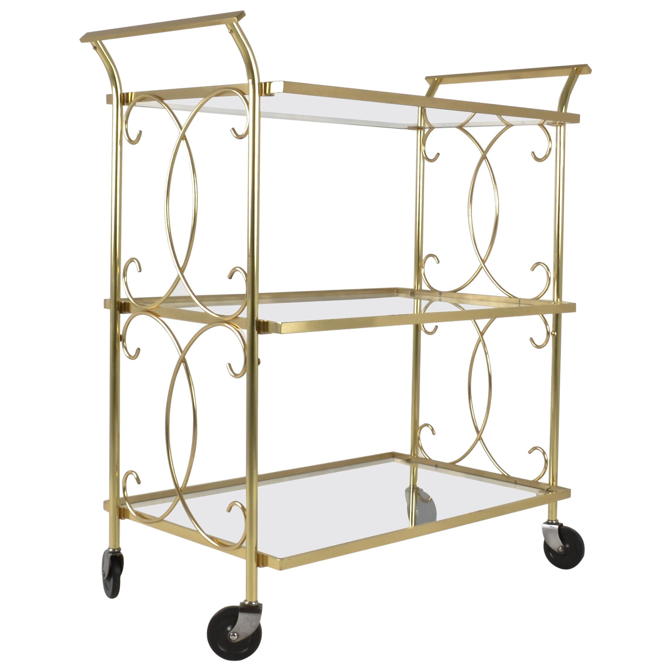 Brass Drinks Cart with Decorative Scroll Work For Sale