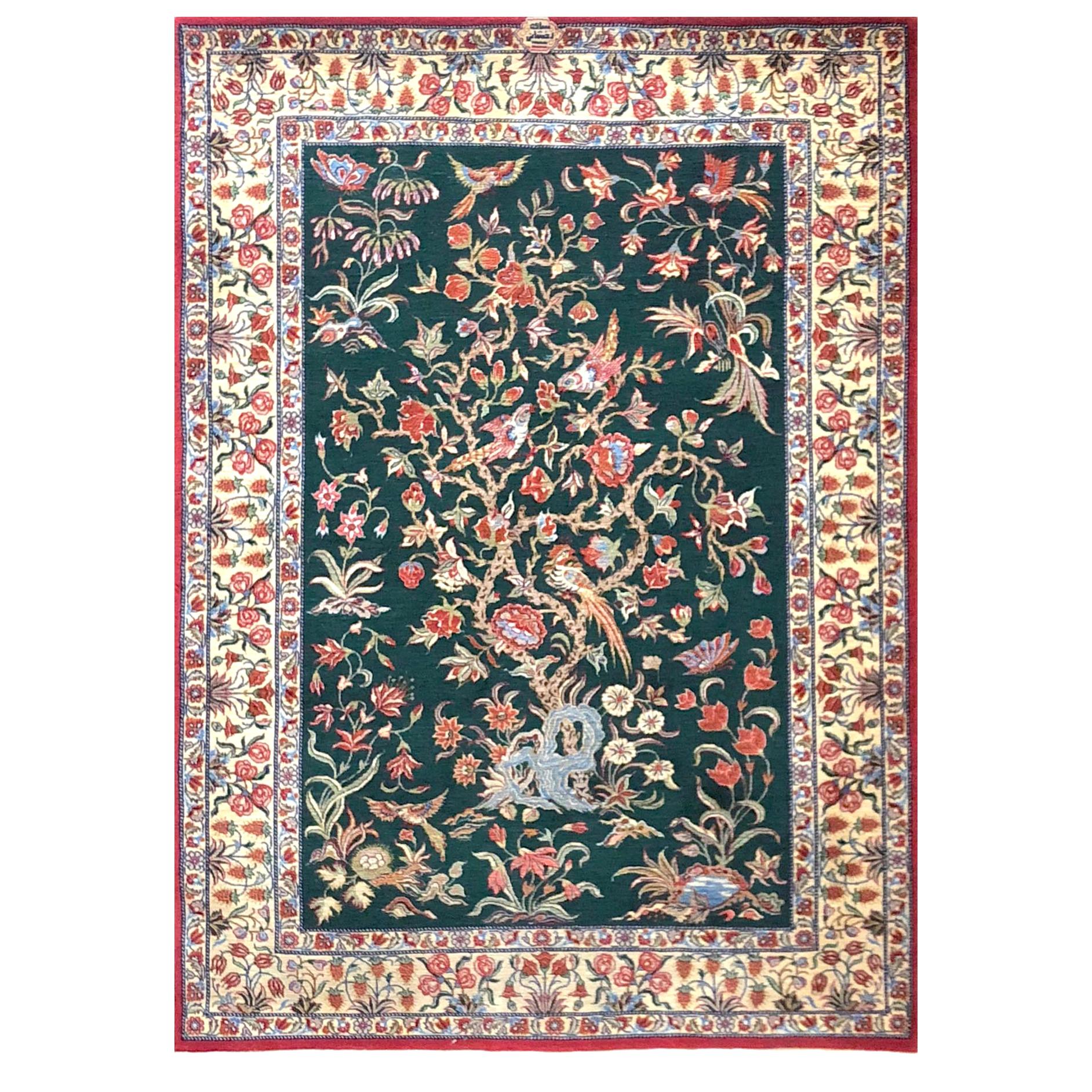 Authentic Persian Hand Knotted Tree of Life Green Qum Rug For Sale