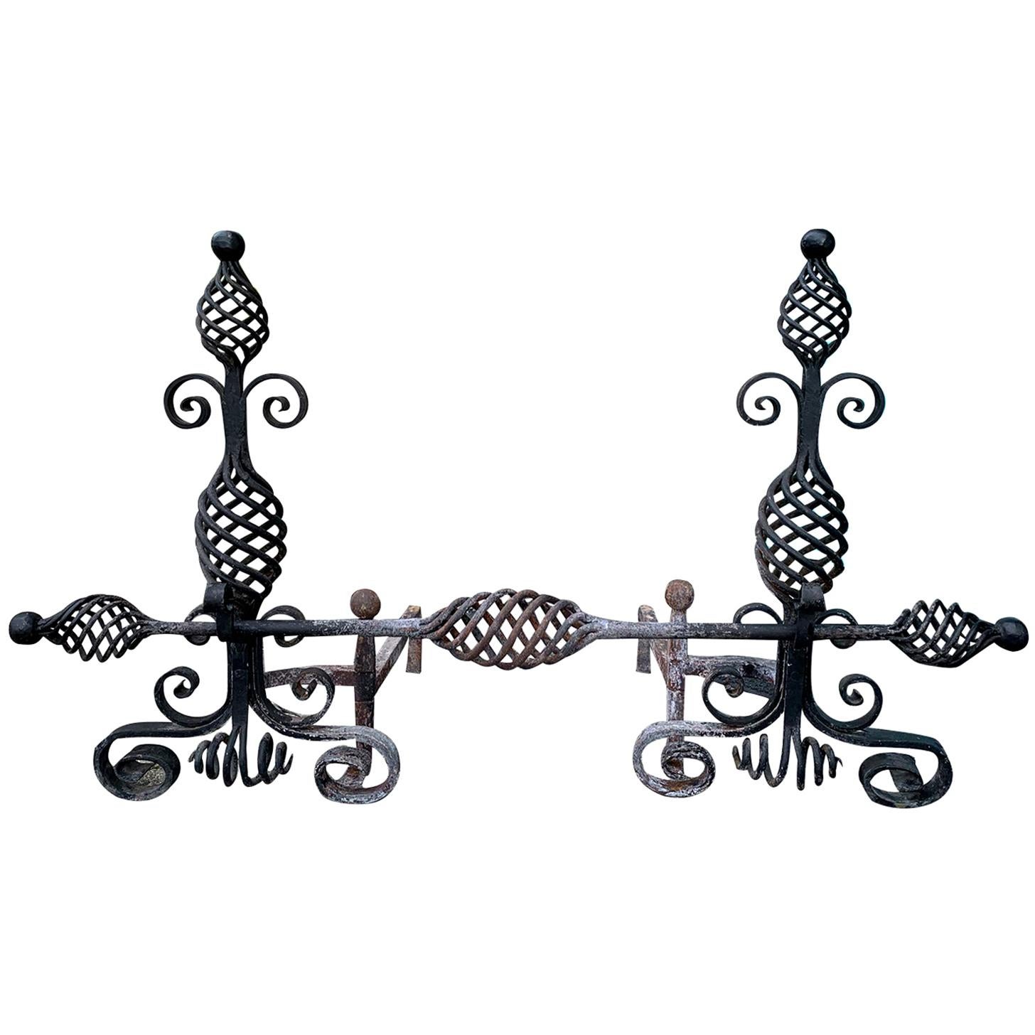 20th Century French Style Handwrought Iron Andirons with Log Roll Bar For Sale