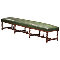  19th Century French Carved Walnut and Leather Eight-Leg Barley Twist Bench 
